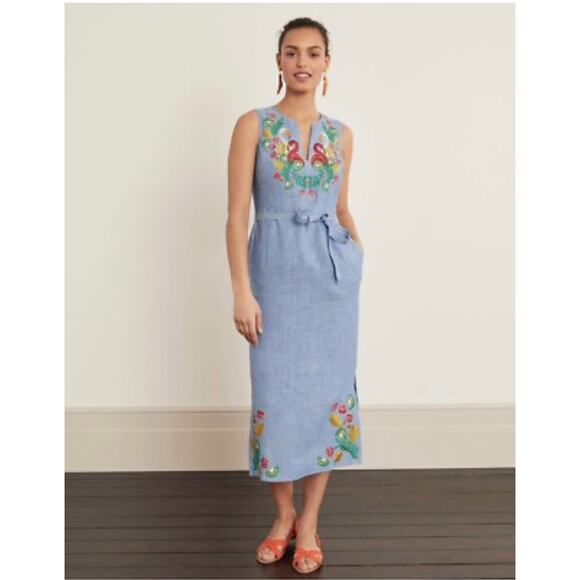 Boden blue chambray tropical bird embroidered linen midi dress - Picture 5 of 10
